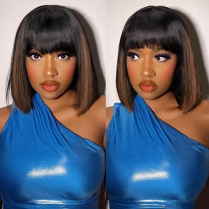 Bob Wig 100% Virgin Human Hair Wigs Glueless 2.5x1 Lace Closed F1B/30 Color Short Bob Human Hair With Bangs Ready To Go Straight bob wig human hair（16 Inch bob wig）