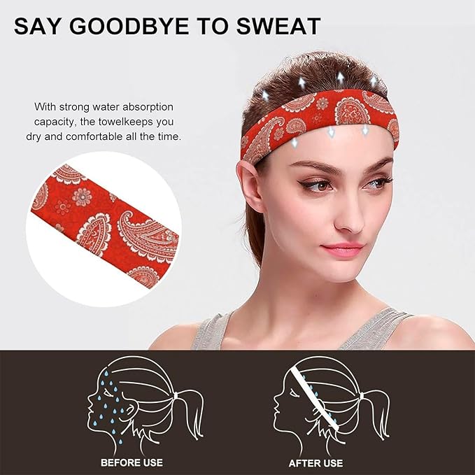 Paisley Bandana Red Headband for Men Sweatband Headbands for Running, Cycling, Football, Yoga, Unisex Hairband