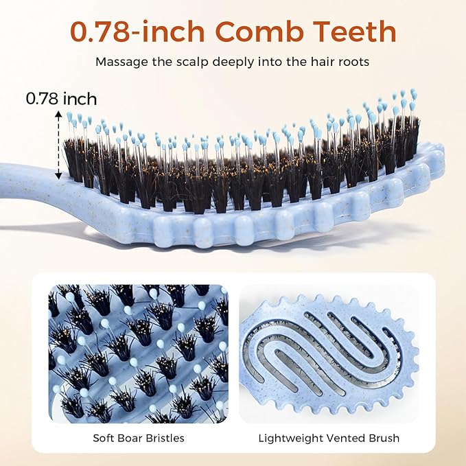 Curly Hair Brush, Curl Defining Brush with Soft Boar Bristles for Combing, Shaping, and Styling Curly Hair Suitable for All Women and Men with Wet & Dry Hair(Blue)