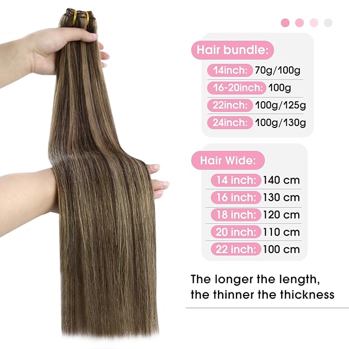 YoungSee Sew in Hair Extensions Real Human Hair Highlights Brown with Blonde Weft Extensions Long Straight Human Hair Sew in Extensions Dark Brown Mix Caramel Blonde 22Inch 100G