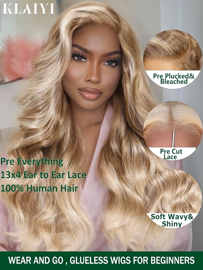 KLAIYI Ombre Ash Blonde Loose Body Wave Pre Everything Glueless 13x4 Lace Front Wigs Human Hair Balayage Precut Pre Plucked Bleached Bye Bye Knots 30S Ready to Wear and Go Wig Beginner Friendly 20Inch