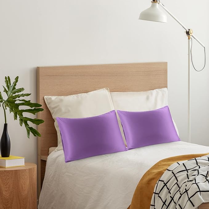 uxcell 2 Pack Silk Satin Pillowcase for Hair and Skin, Cool, Silky, Soft Breathable Pillow Cases Travel Size 14x20 Inch Sateen Pillowcase Purple with Envelope Closure
