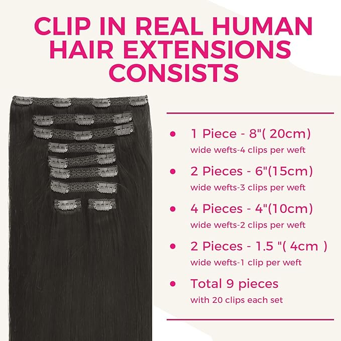 Lashey Clip in Hair Extensions, Straight 9pcs 150g Natural Black, 20 Inch Real Human Hair Thick Hair Extensions Clip ins for Black Women