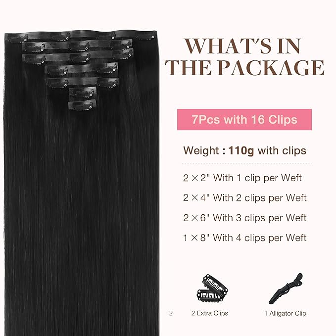 GOO GOO Clip in Hair Extensions Real Human Hair, Remy Human Hair Extensions Clip ins for Women, Natural Human Hair, 18inch 110g 7Pcs, 1B Natural black