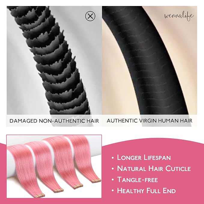 WENNALIFE Tape in Hair Extensions Human Hair Peach Pink Tape in Extensions, 10pcs 30g 22 inch Remy Invisible Tape Ins Straight Colored Soft Refill Set