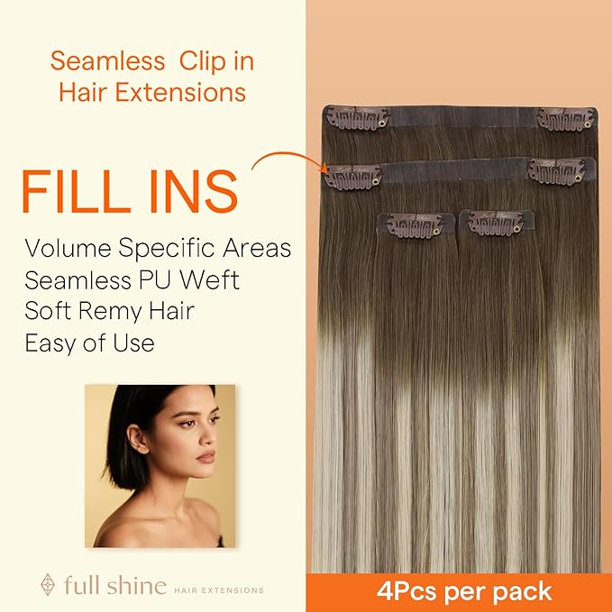 Full Shine Seamless Clip in Hair Extensions Real Human Hair, Darker Brown to Ash Brown Highlight Medium Blonde PU Weft Seamless Hair Extensions Clip in for Thin Hair, 4Pcs 12Inch 55 grams