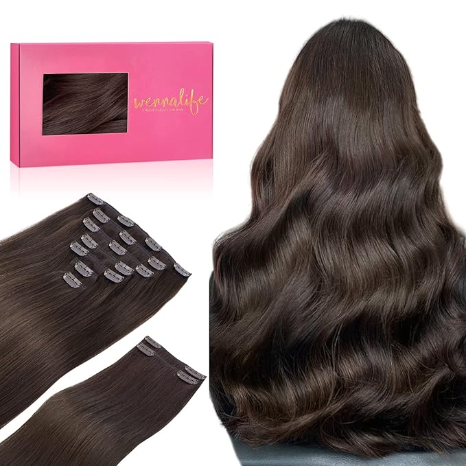 Wennalife Clip in Human Hair Extensions, 22 Inch 150g 9pcs Extensions Real Hair, Light Dark Brown Remy Ins Double Weft, #2A