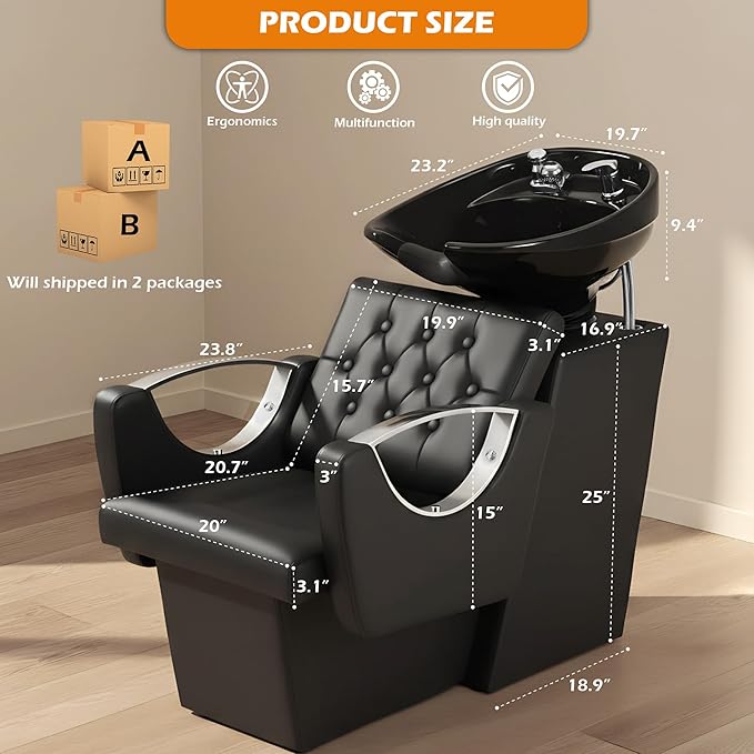 Shampoo Bowl Chair for Salon, Backwash Station Shampoo Sink with Tilting Ceramic Bowl Professional Salon Beauty Spa Barbershop Equipment
