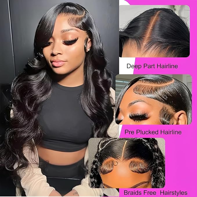 30 Inch 13x6 Body Wave Lace Front Wigs Human Hair 200 Density HD Lace Front Wigs Pre Plucked Brazilian Virgin Human Hair Wigs for Women Glueless Full Lace Frontal Wig Natural Black Body Wave Wig