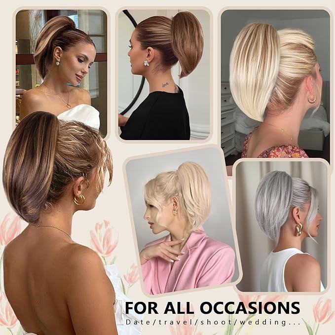 10 Inch Short Ponytail Extension - Clip in Ponytail Hair Extensions, Straight Pony Tails Hair Extensions, Synthetic Claw Clip Ponytail Extension for Women (Color: Light Brown Mixed Blonde)