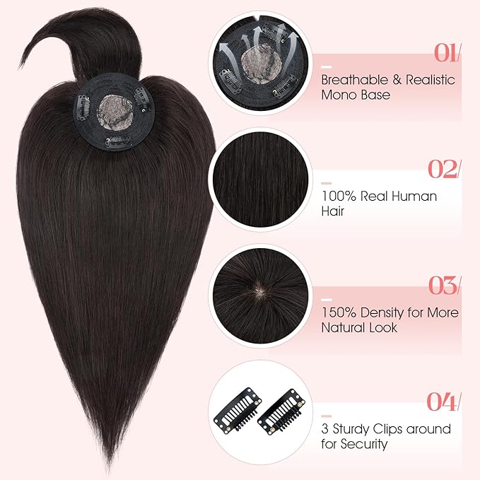 Hairro Mono Hair Toppers with Bangs, 3.4" x 3.4" Mono Base 100% Real Human Hairpieces for Women, 150% Density Clips In Topper for Greyish Thinning Hair, 14 Inch Natural Black