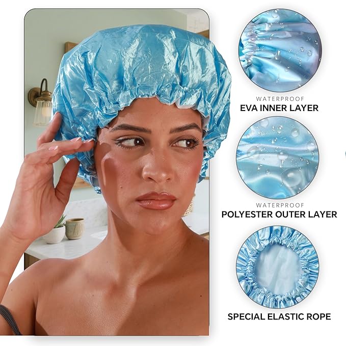 Smilco 2 Pack Shower Caps for Women, Reusable Waterproof Double Layer Bath Cap, Large EVA Elastic Hair Cover for Shower, Fits Long Hair & Braids, for Spa & Home
