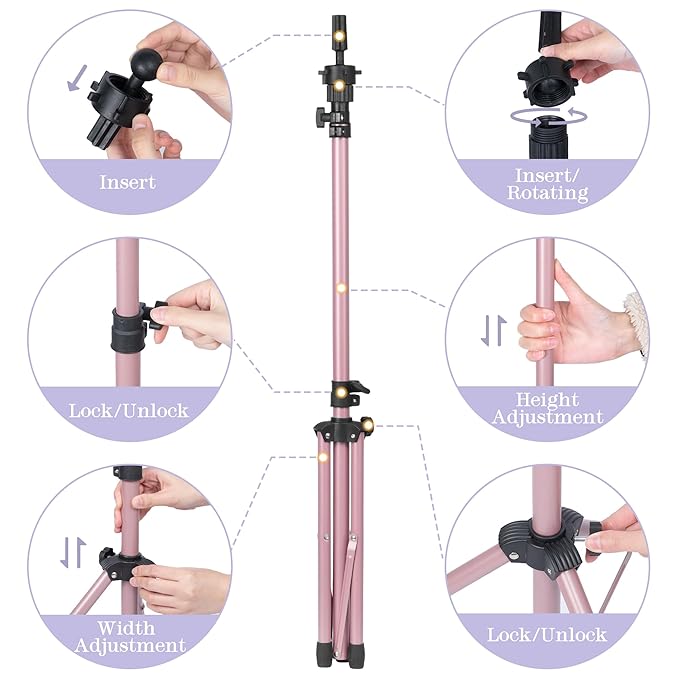 Auroras Adjustable Wig Stand Tripod, Mannequin Stand for Wig Tripod Stand, Mannequin Head Stand for Cosmetology Hairdressing Training, Pink (Mannequin Head Not Included)