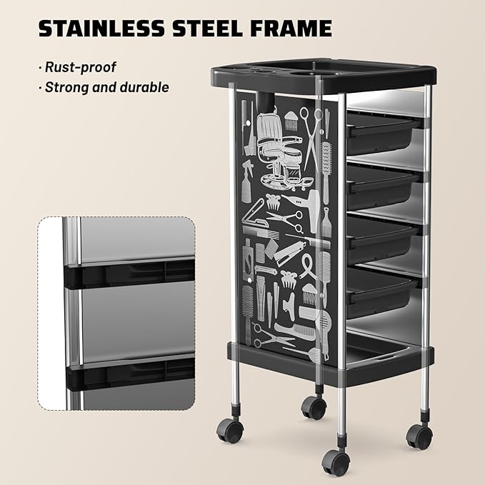 Salon Rolling Trolley with 4 Drawers/Heat-Resistent Accessories/Stainless Steel Frame Storage Tool for Barbershop Beauty Spa and Hair Salon Beauty Black