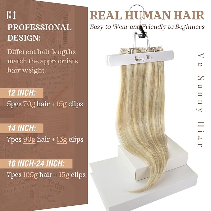 Ve Sunny 24 inch Hair Extensions Clip in Human Hair Dark Blonde Highlights Golden Blonde Hair Extensions Real Human Hair Long Clip in Hair Extensions 7pcs 120g