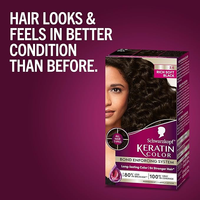 Schwarzkopf Keratin Permanent Hair Dye Cream, 2.6 Rich Soft Black, Professional Quality Color for Up to 100% Gray Coverage, Bond Enforcing System