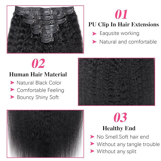Seamless Clip In Hair Extensions Real Human Hair Invisible PU Weft Kinky Straight Clip Ins Human Hair Extensions 8pcs with 18Clips Per Set 120g(26inch,Natural Black)