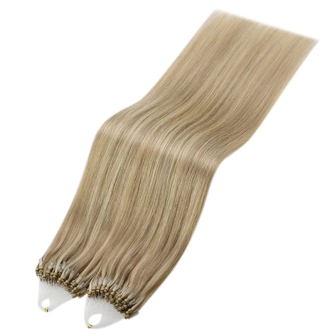 YoungSee Micro Loop Hair Extensions Real Human Hair Blonde Micro Link Hair Extensions Golden Blonde Highlights Beaded Hair Extension 16In 50g 50s Straight Hair Cold Fusion Hair Extension
