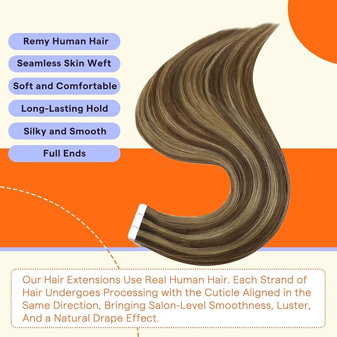 Full Shine Tape in Hair Extensions 20 Inch Hair Extensions Tape Ins Color 4 Medium Brown Highlight with 27 Honey Blonde Invisible 50Gram Human Hair Tape Extensions for Party 20Pcs