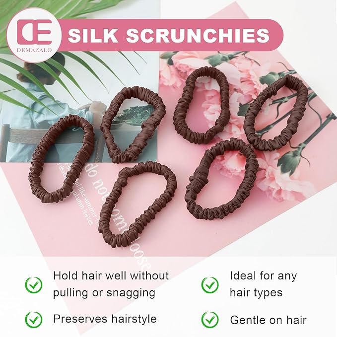 6Pcs Silk Hair Ties Small 22 Momme 100% Pure Mulberry Silk Scrunchies for Women Girls Thin Skinny Hair Sleep Scrunchies No Damage(Color 10)