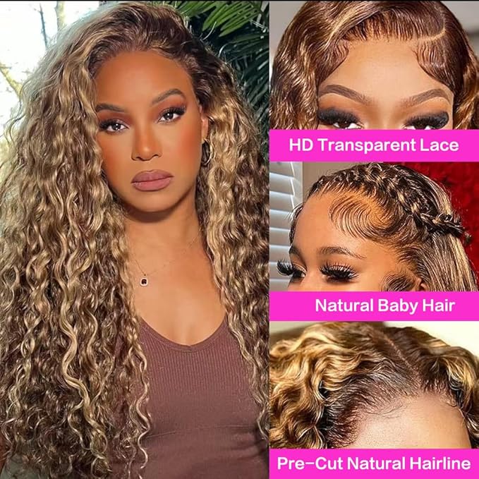 30inch Highlight Ombre Lace Front Wig Human Hair 13x6 HD Honey Blonde 4/27 Deep Wave Lace Frontal Wigs Glueless Wigs Human Hair (4/27 Honey Blonde, 32inch)