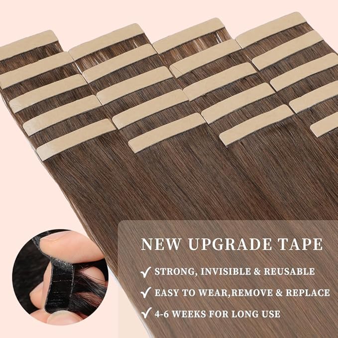 Tape in Hair Extensions Real Human Hair 24 Inch Chestnut Brown Mixed Dark Auburn Double Sided Tape for Skin Weft Hair Extension Invisible Tape in Hair Extensions Human Hair 20pcs (4/4/33#,24 Inch)