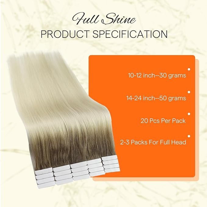 Full Shine Human Hair Extensions Tape in 20 Inch Color 8 Ash Brown Fading to 60 Platinum Blonde Invisible Double Sided Tape in Hair Extensions 50g Natural Straight Seamless Skin Weft 20 PCS for Party