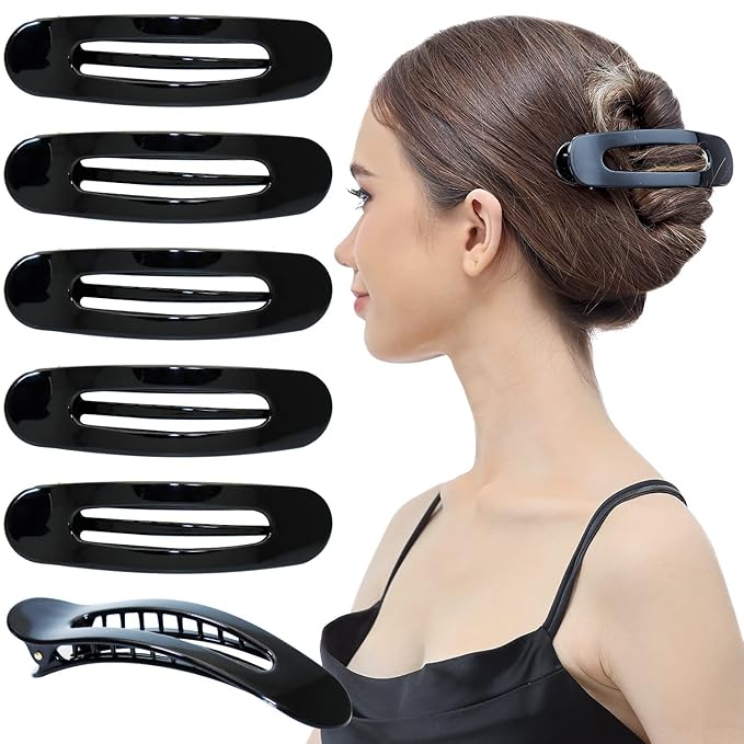 RC ROCHE 6 Pcs Flat Claw Hair Clips for Women Lay Down Barrettes No Crease Side Slide Thick Long Hair Duckbill French Against Head Jaw Claw Styling Clamp, Medium Black