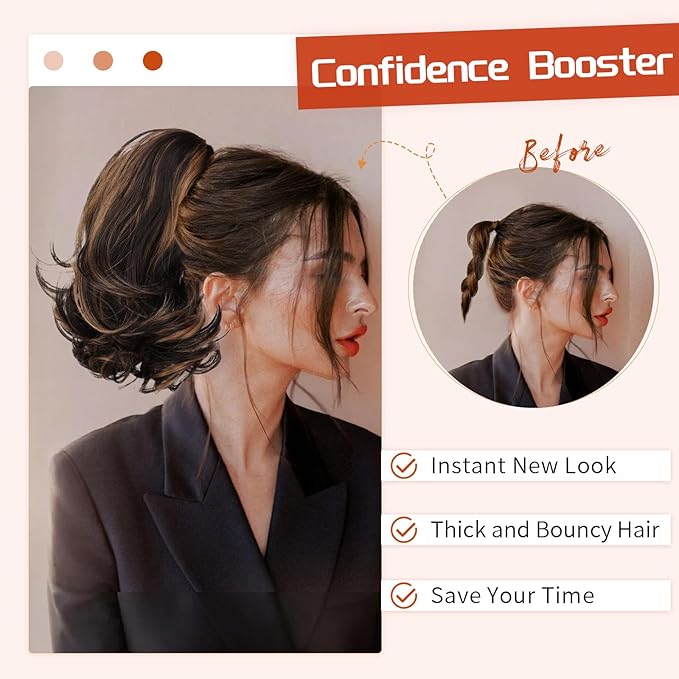 KooKaStyle Ponytail Extension, 10" Short Claw Clip in Pony Tails Hair Extensions Curly Wavy Synthetic Drawstring Hairpieces for Women(Dark Brown with Auburn Highlight)
