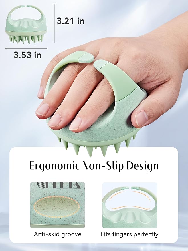 HEETA Scalp Massager with Soft Silicone Bristles for Hair Growth, Dandruff Removal, and Scalp Relaxation - Shampoo Brush for Wet or Dry Hair (Green & Purple)