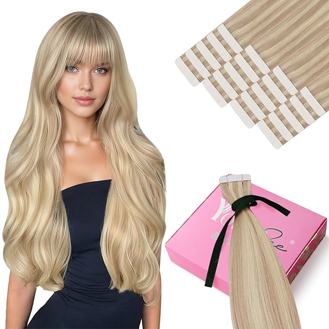YoungSee Invisible Tape in Hair Extensions Highlight Blonde Tape Hair Extensions Real Human Hair Ash Blonde Tapes in Real Human Hair Extensions for Women Short Hair Extension 12 Inch 20pcs 30g