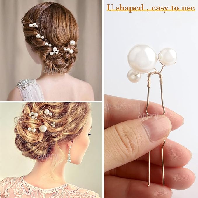 U Shaped Pearl Hair Pins for Wedding, Elegant Updo Hair Accessories for Bridal or Women, Set of 12 (Silver)
