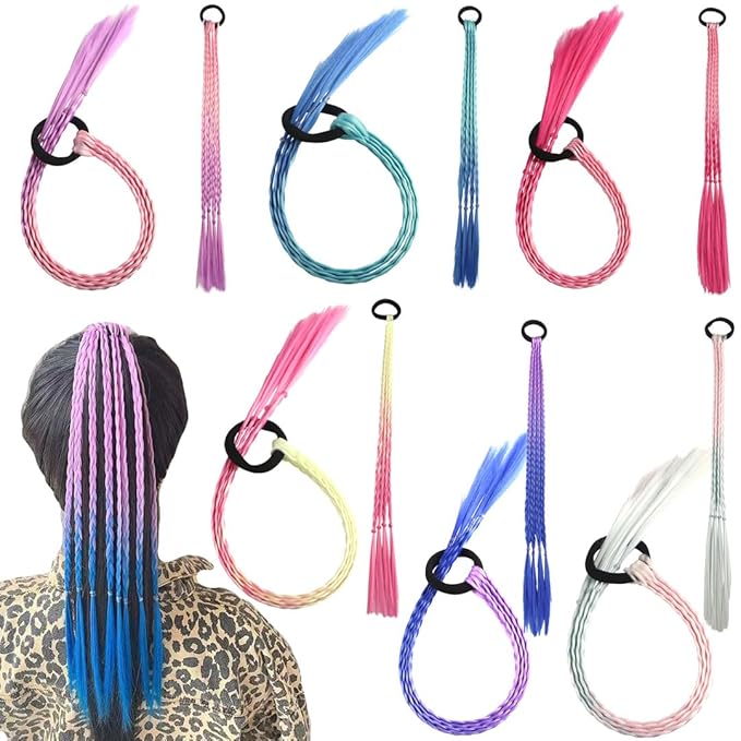 Colored Braids Hair Extensions with Rubber Bands Rainbow Braided Synthetic Hairpieces Ponytail Hair Accessories for Women Kids Girls Party Highlights Cosplay Dress Up (12PCS C Style)