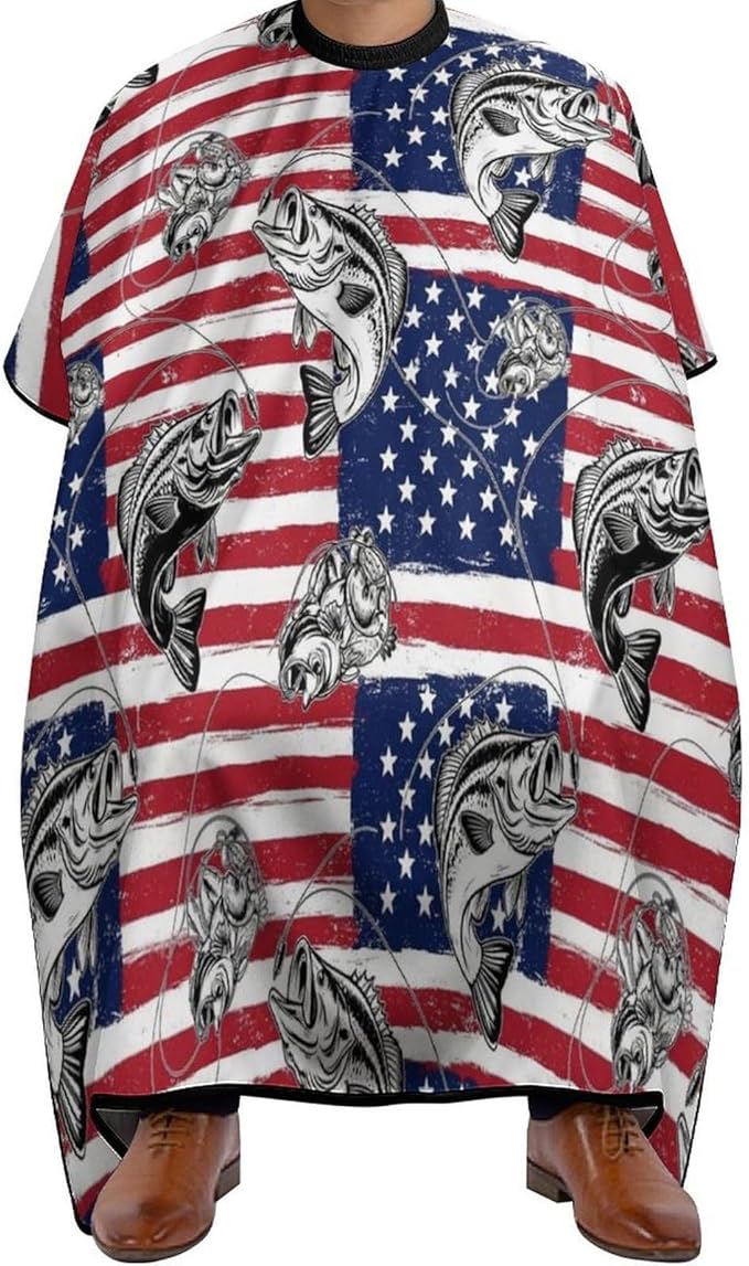 Large Long Professional Barber Cape, Hairdressing Apron Bass Fish Fishing Lure American Flag Shampoo Cutting Household Capes Wrap for Hair Salon