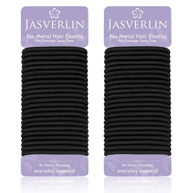 Black Thick Hair Ties - 5mm Thickness Elastics Ponytail Holders for Women Girls Curly Texture Rubber Bands Durable Stretchy Nylon Hairties for Braids 48 Count
