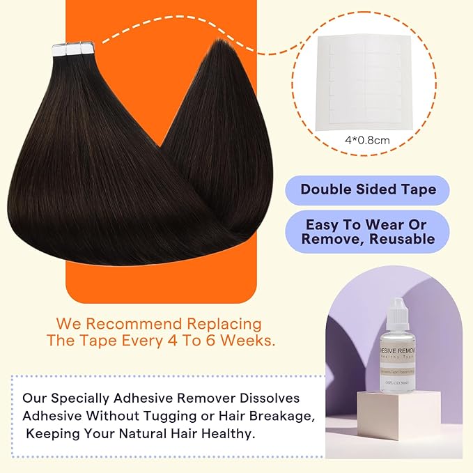 Full Shine Tape in Extensions Color 2 Dark Brown Invisible Fashion Double Sided Tape Ins Human Hair Extensions 24 Inch Natural Seamless Skin Weft Remy Extensions 20PCS 50 Grams for Women