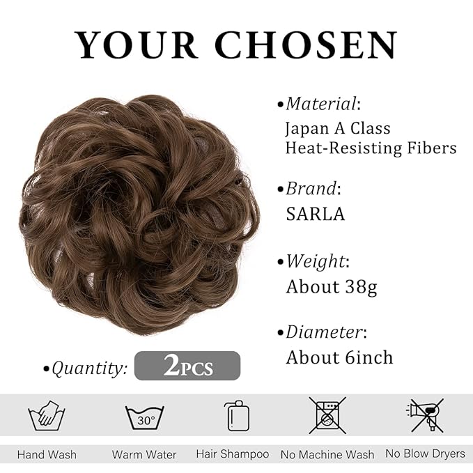 SARLA 2PCS Messy Hair Bun Hair Pieces Wavy Curly Synthetic Updo Fake Scrunchies Ponytail Extension for Women Medium Brown