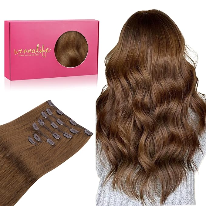WENNALIFE Clip in Hair Extensions Real Human Hair, 20 Inch 120g 7pcs Human Hair Extensions Clip In Human Hair, Light Auburn Brown Hair Extensions Clip In Real Hair Coloured Remy Human Hair Extensions
