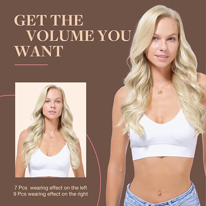 GOO GOO Clip in Hair Extensions Real Human Hair, Remy Human Hair Extensions Clip ins for Women, Natural Human Hair, 18inch 150g 9Pcs, 17A/60A Ash Blonde Highlighted Platinum Blonde