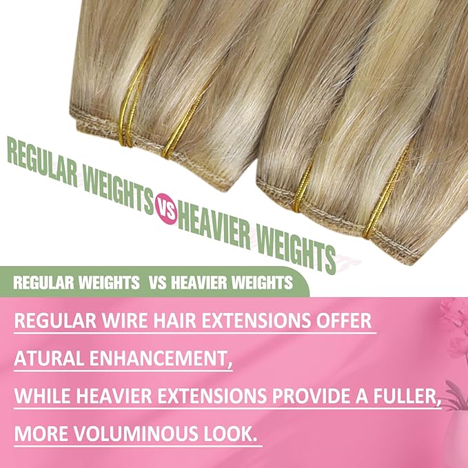 YoungSee 100G Hair Extensions Wire Highlight Invisible Wire Hair Extensions Real Human Hair Golden Blonde Highlighted Light Blonde Human Hair Fish Line Extensions for Natural Look 20In
