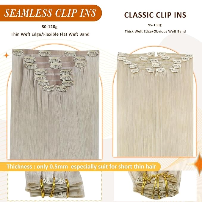 Full Shine Seamless Hair Extensions Clip in White Blonde Extensions Clip in Straight Real Human Hair for Women with PU Weft Full Head 16 Inch 120 G 8 PCS