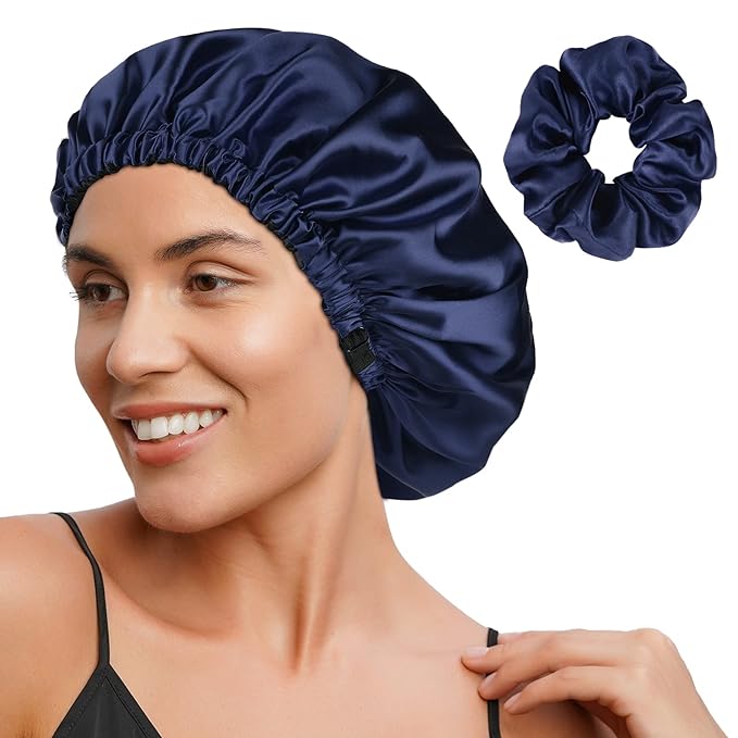 YANIBEST Adjustable Satin Bonnet Double Layer Hair Bonnet for Sleeping Bonnets for Women Hats Curly Natural Hair, Navy Blue