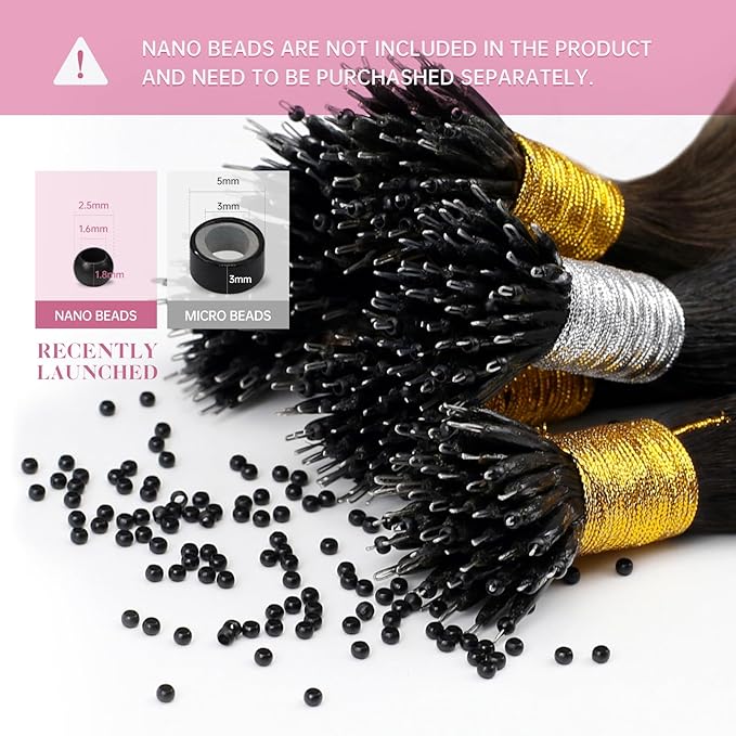 YoungSee Nano Ring Hair Extensions Human Hair 24 Inch Nano Beads Hair Extensions Black Nanoring Hair Extension Real Human Hair Cold Fusion Nano-Tip Hair Extension Jet Black Hair 50s 50g