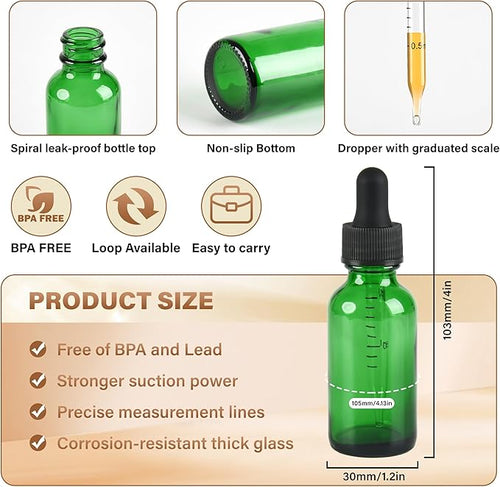12 Pcs, 1oz Dropper Bottle, Green Glass Eye Dropper Bottle,Tincture Bottles with Dropper, Leak-Proof Design, Stronger Suction, for All Kinds of Mixed Liquids