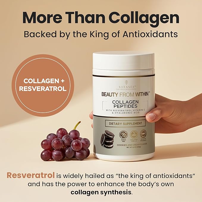 VITASEI Hydrolyzed Collagen Peptides Powder with Resveratrol & Vitamin C – Hair, Skin & Joint Support – Colágeno Hidrolizado for Women & Men – Delicious Cookies & Cream Flavor, 16 oz (30 Servings)