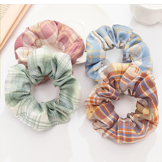 Colorful Plaid Bandana Scrunchies - 6PCS Hair Ties for Women (Assorted Patterns)
