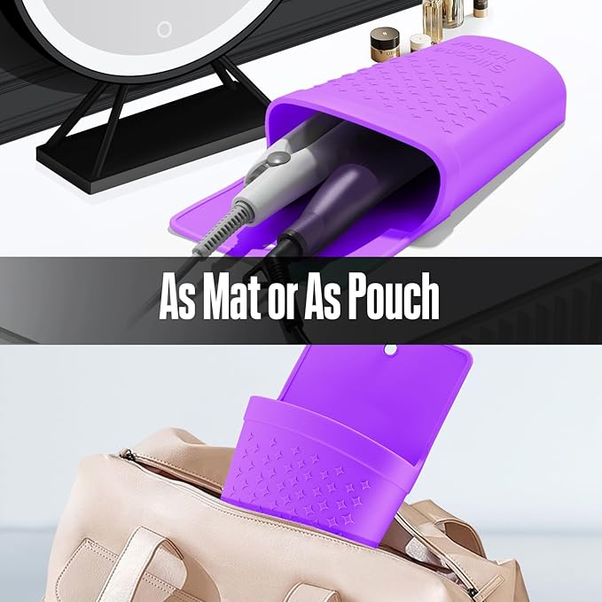 Heat Resistant Silicone Hair Iron Mat and Pouch,Portable Travel Hair Straightener Mat and Holder for Hair Styling Tools.1 Pack.(Purple)