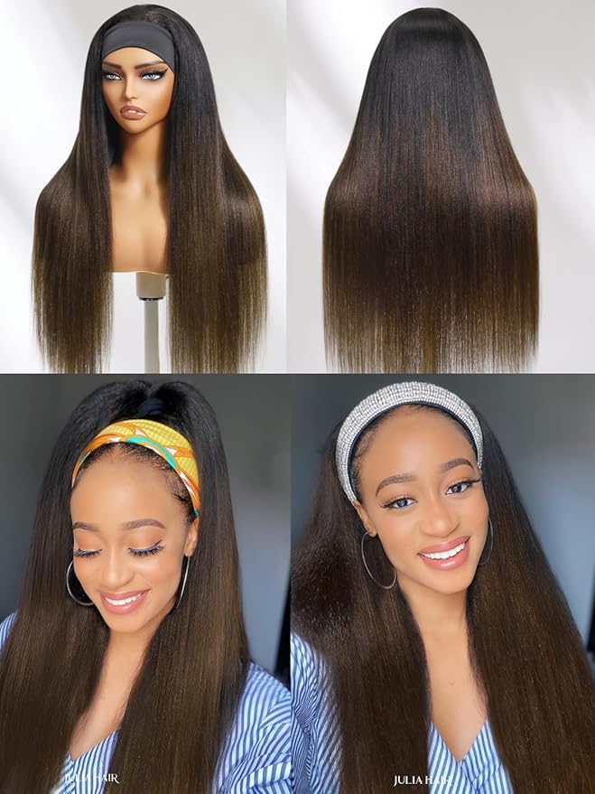 Julia Hair 12A Headband Wig Human Hair Yaki Straight Glueless None Lace Half Wig With Pre-attached Scarf Ombre Chestnut Brown Highlight With Dark Roots for Black Women Put on and Go 16 Inch