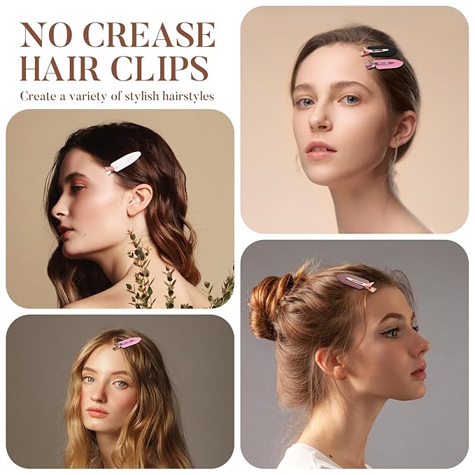 D 8 Pcs No Bend No Crease Hair Clips - Flat Makeup Clip for Women and Girls - Creaseless Hair Clips for Hairstyling Bangs Salon Rose Gold Handle - Black white Pink Brown