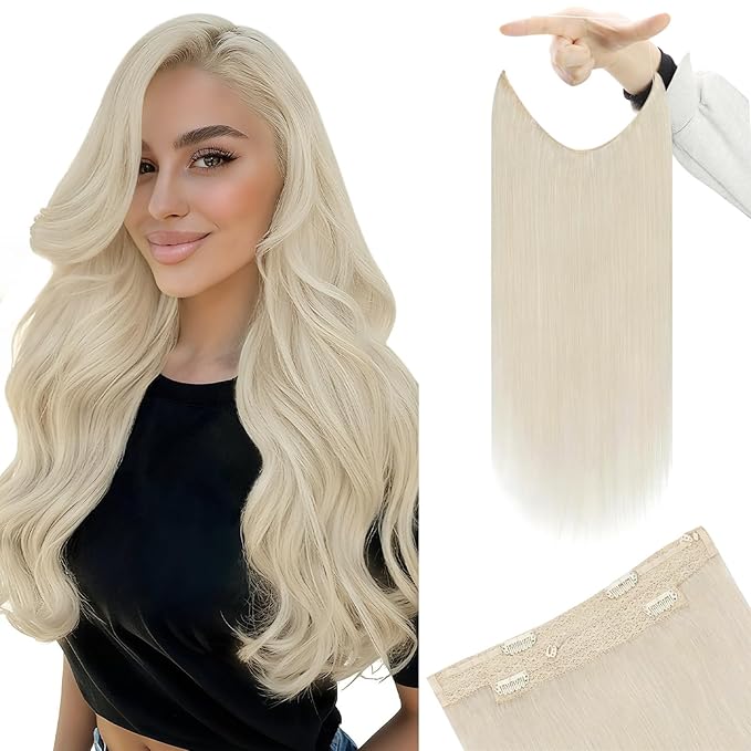 YoungSee 120G Wire Hair Extensions Human Hair Blonde Wire Human Hair Extensions Platinum Blonde Lace One Piece Hair Extensions for Women 18 Inch